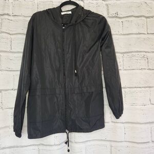 Tanib Womens Black Lightweight Packable Drawstring Hooded Rain Jacket Size Small